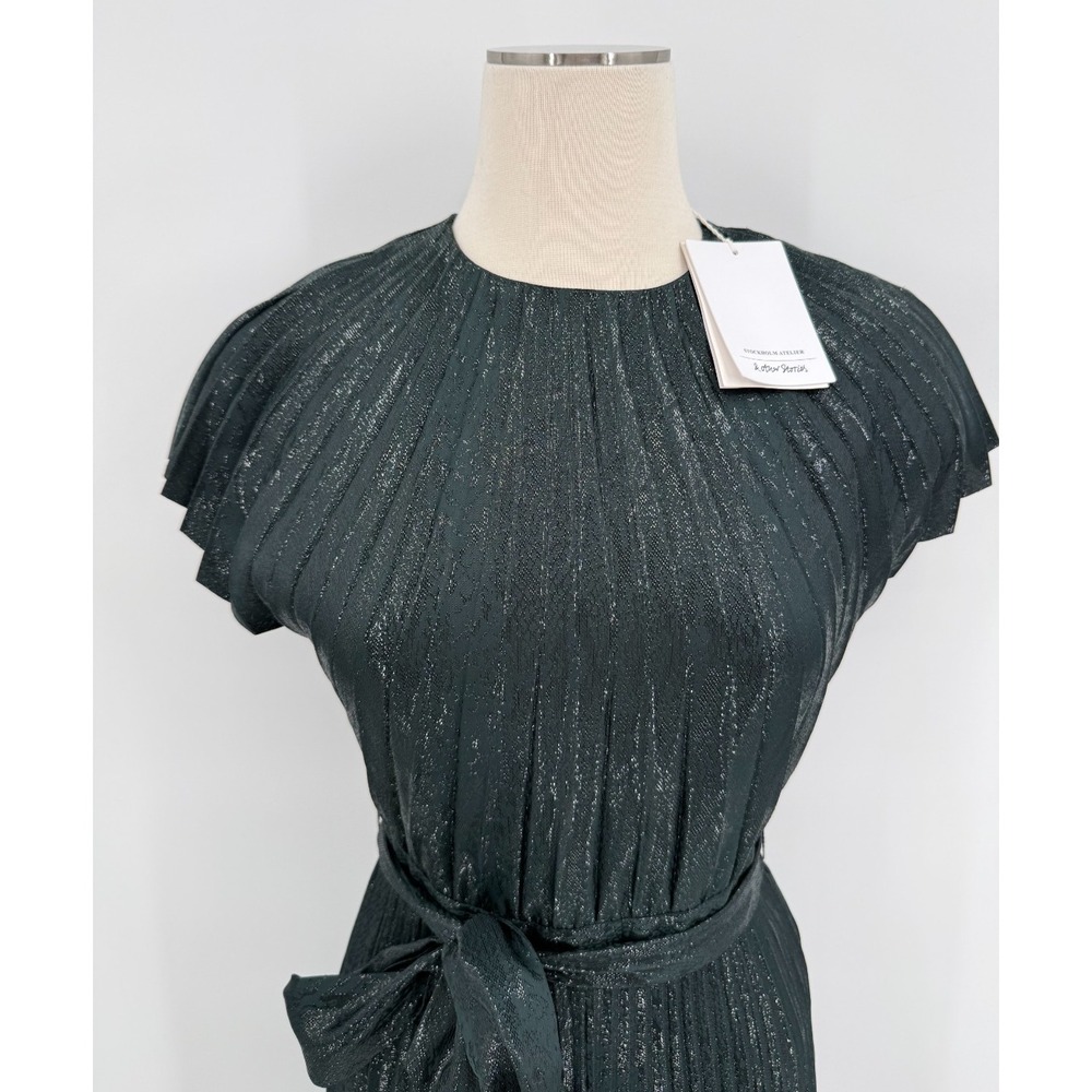 & Other Stories Womens Green Shimmer Pleated Maxi Dress Size 4 Holiday NEW - Picture 3 of 16